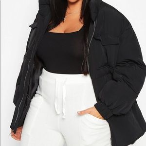Belted Funnel Neck Utility Puffer Jacket (Black)